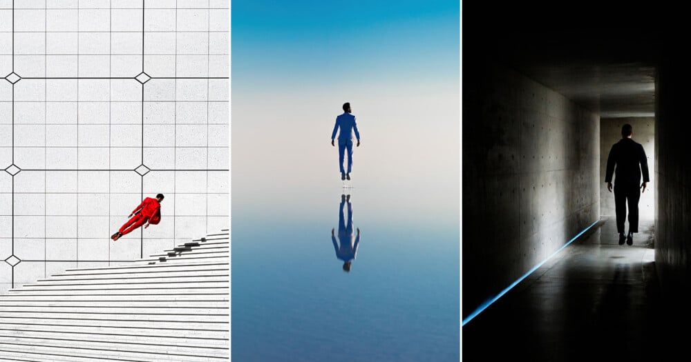A triptych showing three men in suits levitating: one in red against a tiled wall, one in blue over water, and one in black in a dark corridor.