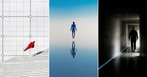 A triptych showing three men in suits levitating: one in red against a tiled wall, one in blue over water, and one in black in a dark corridor.