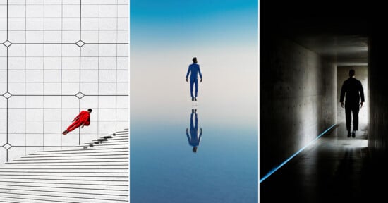 A triptych showing three men in suits levitating: one in red against a tiled wall, one in blue over water, and one in black in a dark corridor.