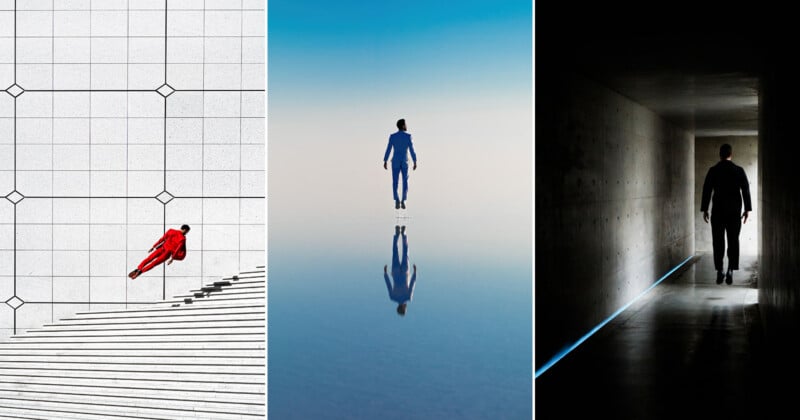 A triptych showing three men in suits levitating: one in red against a tiled wall, one in blue over water, and one in black in a dark corridor.