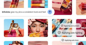 A digital interface shows a grid of colorful ice pop images with an Adobe prompt overlay and status messages indicating the application of auto-preset, auto-lighting, and auto-tone adjustments.