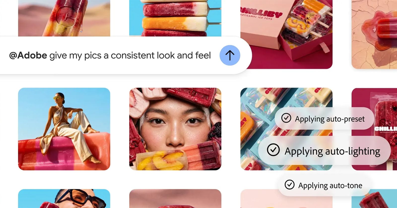 A digital interface shows a grid of colorful ice pop images with an Adobe prompt overlay and status messages indicating the application of auto-preset, auto-lighting, and auto-tone adjustments.