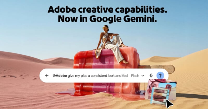 A person sits on a giant melting popsicle in a desert, with a Google Gemini search bar overlaying the image showing an Adobe prompt.