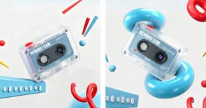 Two views of a translucent, cassette-shaped camera labeled "MEMORY CAM" floating amidst abstract 3D shapes like rings and rods.