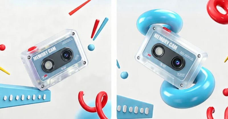 Two views of a translucent, cassette-shaped camera labeled "MEMORY CAM" floating amidst abstract 3D shapes like rings and rods.