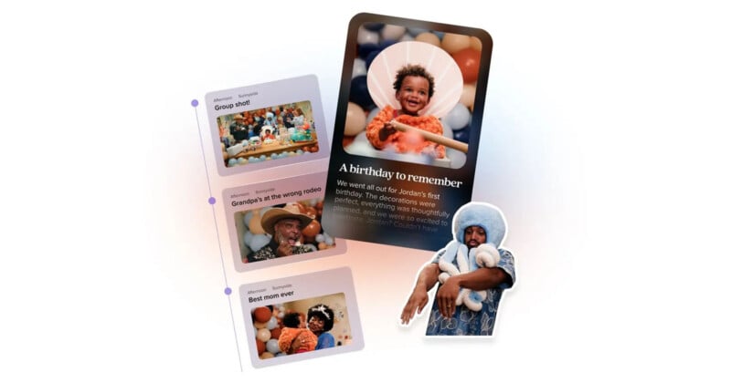 A digital timeline display shows photos from a child's birthday party, alongside a cutout of a man wearing a blue octopus hat.