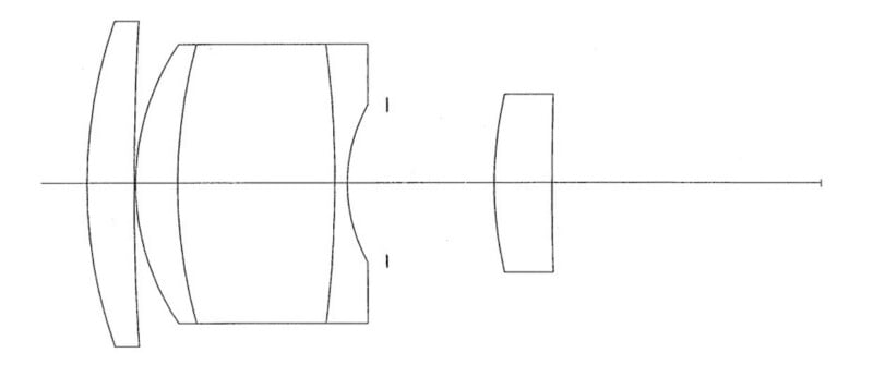 A technical diagram showing the cross-section of a four-element optical lens system arranged along a horizontal axis.