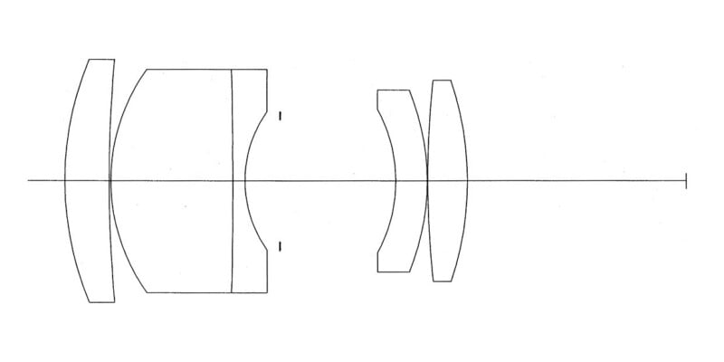 A technical diagram showing the cross-section of a camera lens with five glass elements arranged along a horizontal axis.