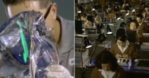 A split-screen showing a close-up of a gloved hand inspecting a glowing object on the left and a factory floor with workers at desks on the right.