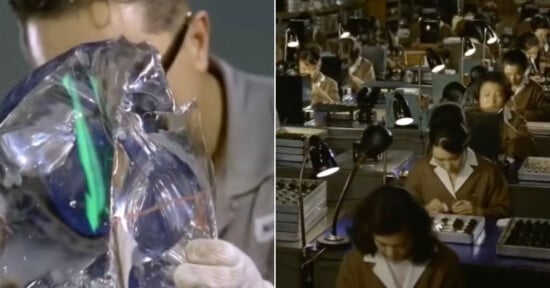 A split-screen showing a close-up of a gloved hand inspecting a glowing object on the left and a factory floor with workers at desks on the right.