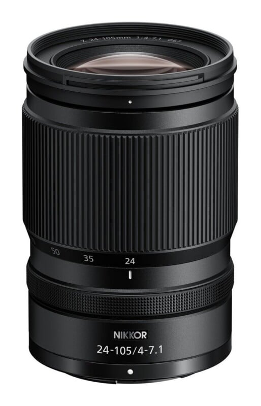 A black Nikon Z 24-105mm f/4-7.1 camera lens standing upright against a white background.