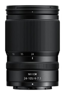 A black Nikkor 24-105/4-7.1 camera lens shown from a front-facing perspective against a white background.