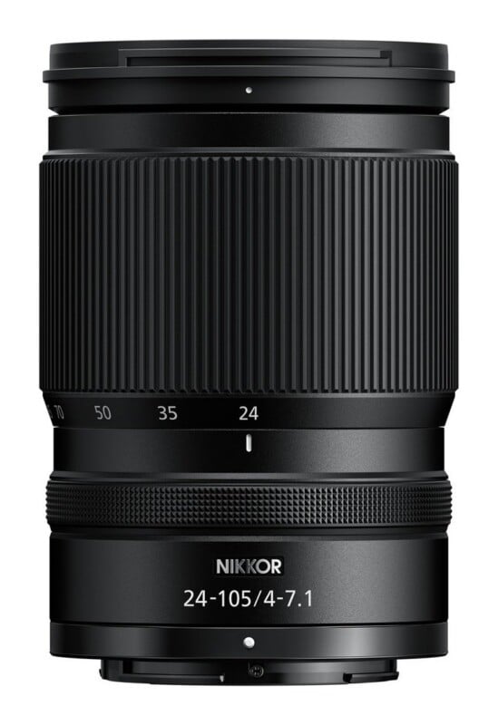A black Nikkor 24-105/4-7.1 camera lens shown from a front-facing perspective against a white background.