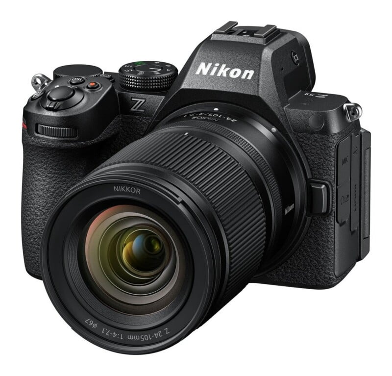 A black Nikon Z 5II mirrorless camera with a Nikkor Z 24-105mm lens attached, viewed from the front-right angle.