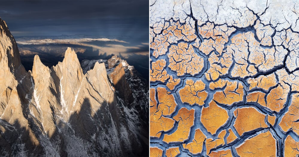 A split-screen image showing a jagged, snow-dusted mountain range on the left and a close-up of cracked, dry earth on the right.