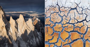 A split-screen image showing a jagged, snow-dusted mountain range on the left and a close-up of cracked, dry earth on the right.