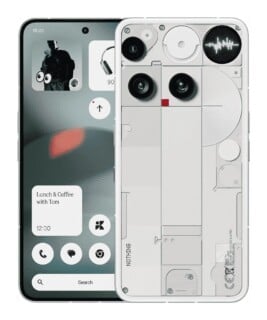 A front and back view of a white smartphone featuring a minimalist interface on the screen and a segmented, industrial design on the rear panel.