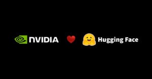 The NVIDIA logo, a red heart, the Hugging Face emoji, and the text "Hugging Face" on a black background.