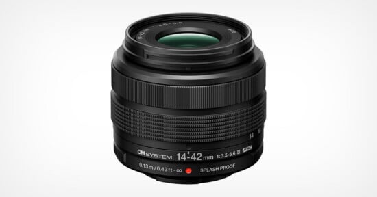 A black OM SYSTEM 14-42mm f/3.5-5.6 II MSC zoom lens for mirrorless cameras, shown against a white background.