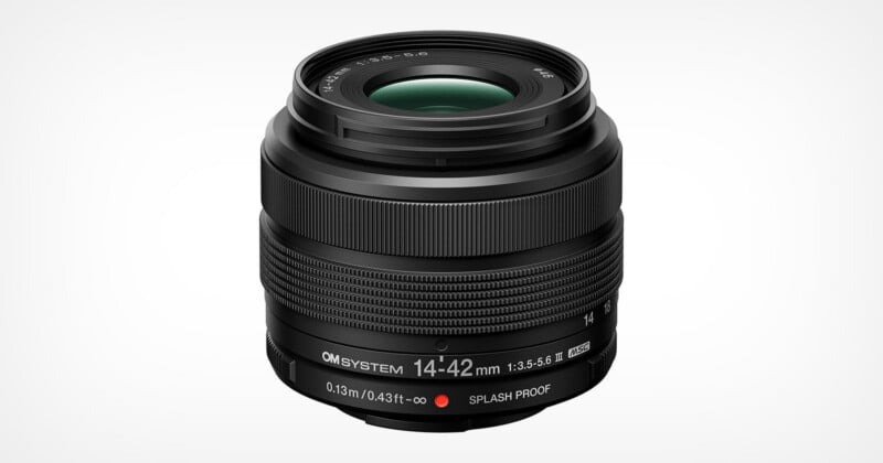 A black OM SYSTEM 14-42mm f/3.5-5.6 II MSC zoom lens for mirrorless cameras, shown against a white background.