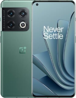 A green smartphone shown from both the front and back, featuring a triple-lens camera module labeled Hasselblad and the text "Never Settle" on the display.
