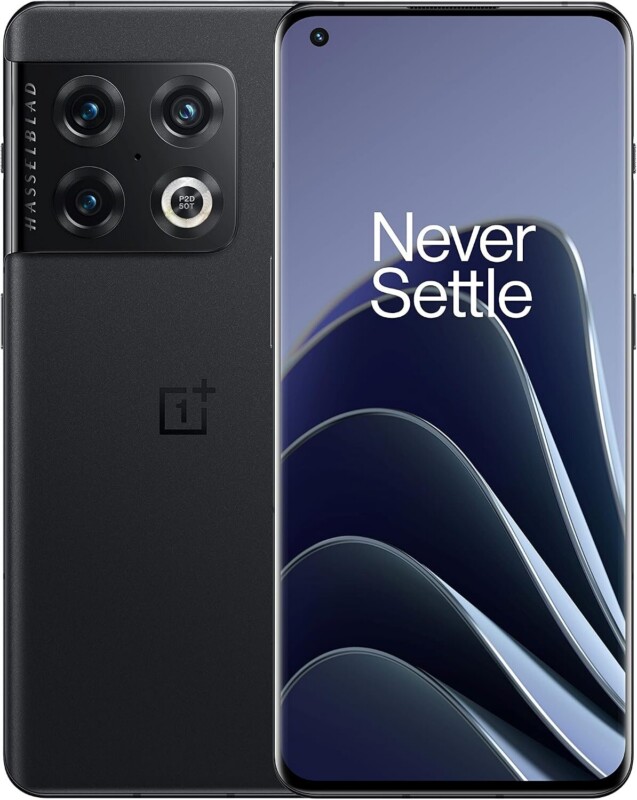 A black OnePlus smartphone shown from both the front and back, featuring a Hasselblad-branded triple camera array and the text "Never Settle" on the screen.