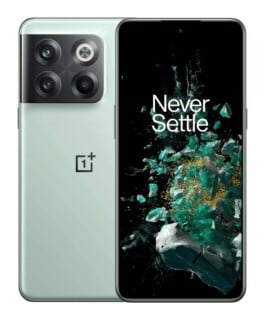 A light green smartphone shown from both the front and back, featuring a triple-lens camera module and a screen displaying the text "Never Settle" over an abstract green and gold explosion graphic.