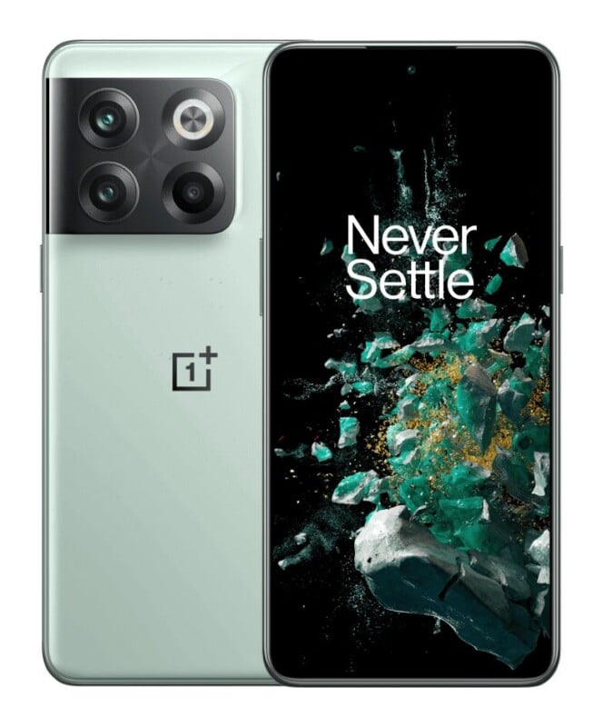 A light green smartphone shown from both the front and back, featuring a triple-lens camera module and a screen displaying the text "Never Settle" over an abstract green and gold explosion graphic.