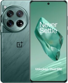A green smartphone shown from the front and back, featuring a large circular camera module on the rear and the text "Never Settle" on the screen.