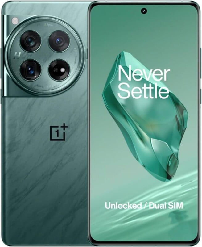 A green smartphone shown from the front and back, featuring a large circular camera module on the rear and the text "Never Settle" on the screen.