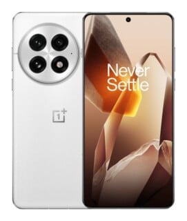 A white smartphone shown from both the front and back, featuring a large circular camera module and the text "Never Settle" on the display.