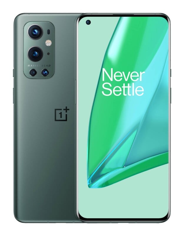 A green smartphone shown from the front and back, featuring a triple-lens camera system labeled "Hasselblad" and the text "Never Settle" on the screen.