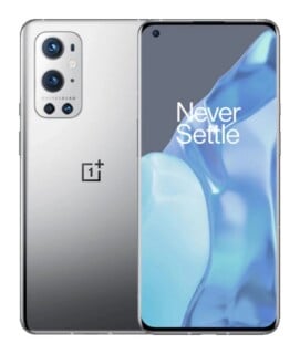 A silver OnePlus smartphone shown from both the front and back, featuring a triple-lens camera system with Hasselblad branding and the text "Never Settle" on the screen.
