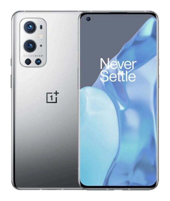 A silver OnePlus smartphone shown from both the front and back, featuring a triple-lens camera system with Hasselblad branding and the text "Never Settle" on the screen.