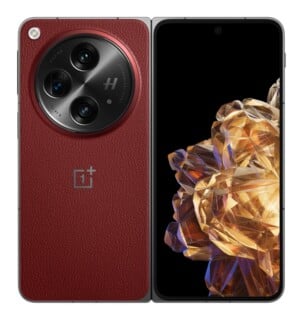 A red, leather-textured foldable smartphone shown from both the back and front, featuring a large circular camera module and a vibrant, abstract gold-toned display.