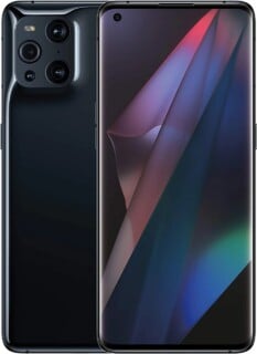A front and back view of a black smartphone with a curved screen and a multi-lens camera module on the rear.