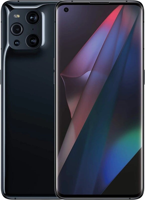 A front and back view of a black smartphone with a curved screen and a multi-lens camera module on the rear.