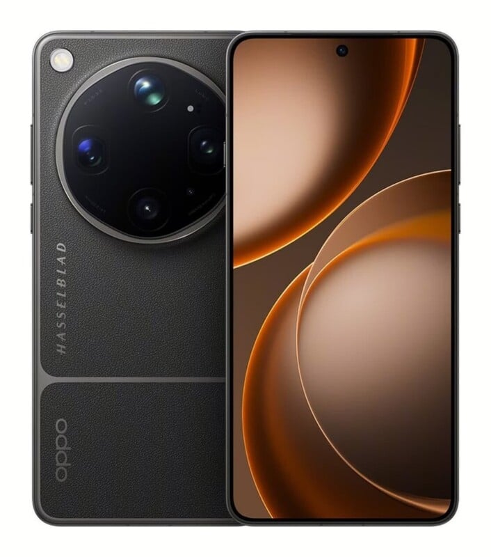 A front and back view of a dark gray smartphone with a large circular camera module, a textured back panel, and a screen displaying an abstract orange and brown circular design.