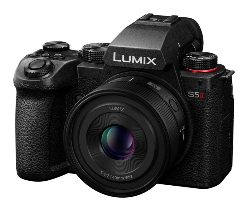 A black Lumix S5II mirrorless camera with a 40mm lens attached, viewed from the front-right angle against a white background.