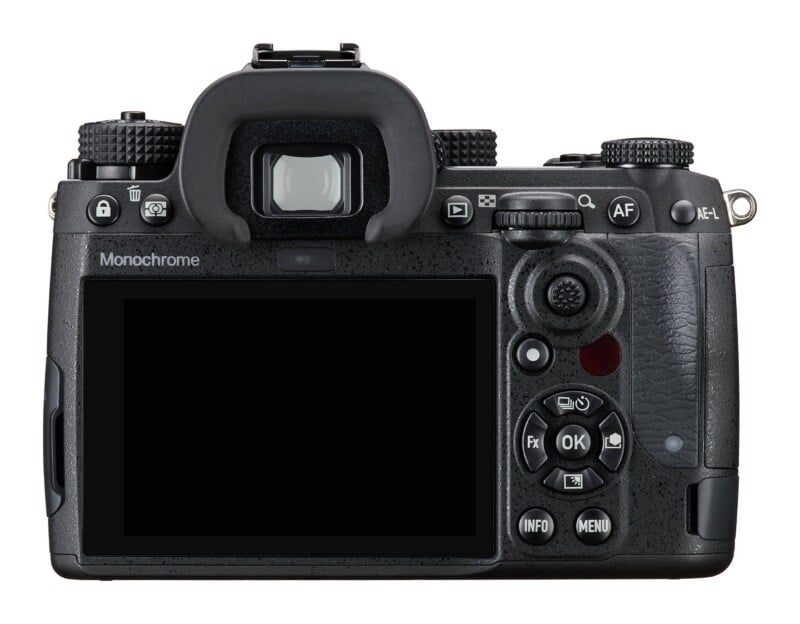 The back of a black digital camera featuring a large LCD screen, an electronic viewfinder, and various control buttons, with the word "Monochrome" printed above the screen.