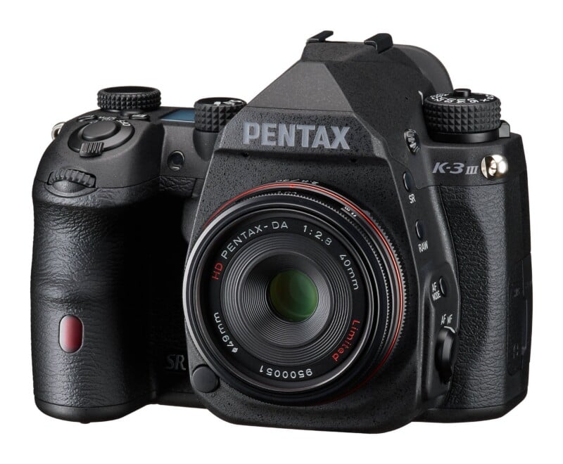A black Pentax K-3 Mark III DSLR camera with an attached HD Pentax-DA 40mm f/2.8 Limited lens, viewed from the front.