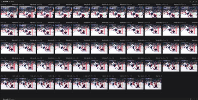 A grid view of digital photo thumbnails showing a sequence of a hockey game in progress, with players in white and red jerseys near the goal.