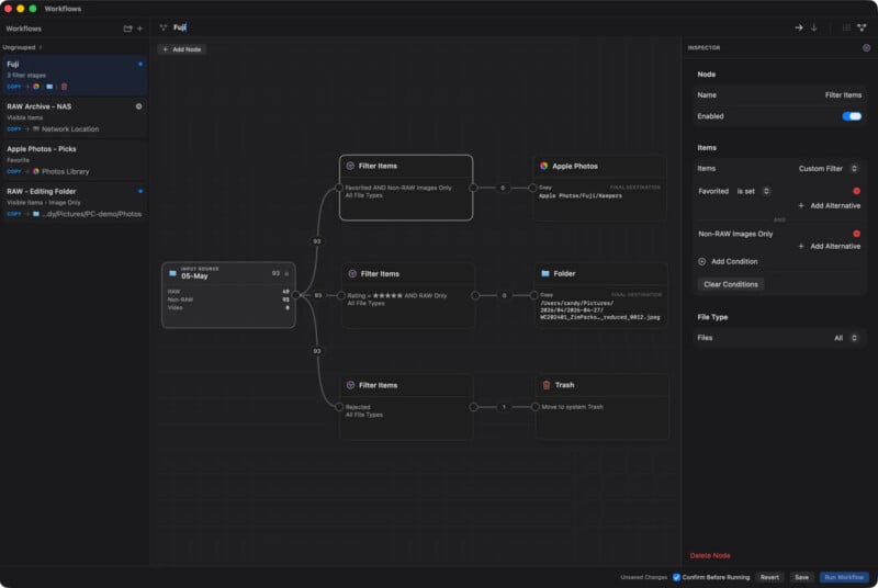 A software interface showing a workflow automation tool with a node-based diagram for sorting and moving image files into folders, the trash, or Apple Photos.