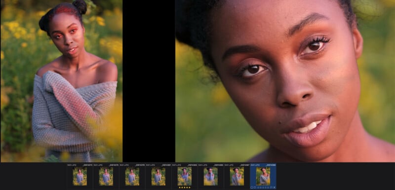 A split-screen view showing a portrait of a woman in a grey sweater on the left and a close-up of her face on the right.