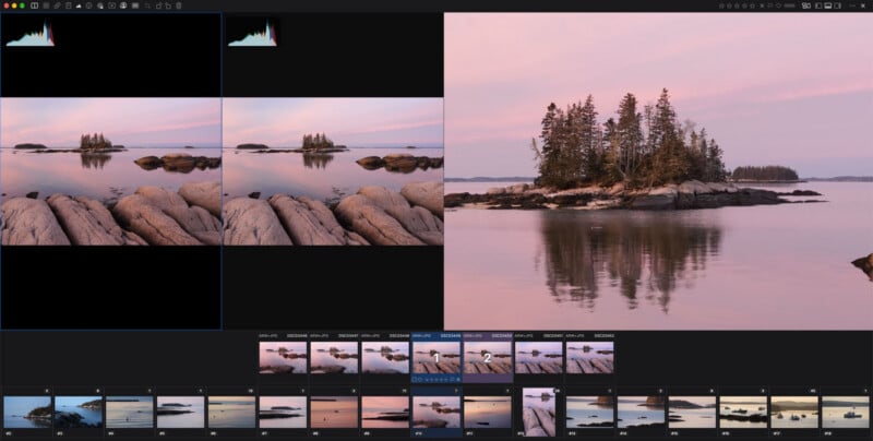 A photo editing software interface displays a split-screen view of a coastal landscape at sunset, with a filmstrip of thumbnails at the bottom.