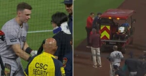 A split-screen view showing a baseball player in a gray uniform talking to a fan wearing a neck brace, and a medical cart on a baseball field.