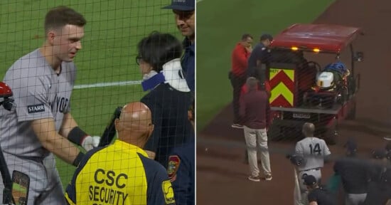 A split-screen view showing a baseball player in a gray uniform talking to a fan wearing a neck brace, and a medical cart on a baseball field.