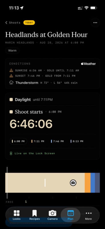 A mobile app interface displays a photography planning screen titled "Headlands at Golden Hour" for August 28, 2026, showing weather conditions, a countdown timer, and a timeline of light phases.