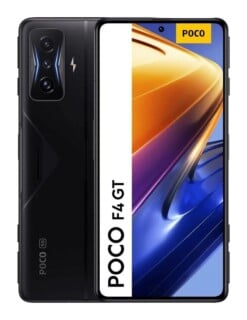 A black POCO F4 GT smartphone shown from both the front and back, featuring a triple-lens camera module and a vibrant abstract screen display.
