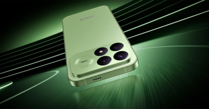 A light green smartphone is angled against a dark green background with abstract light streaks, showing its rear camera module and the POCO logo.
